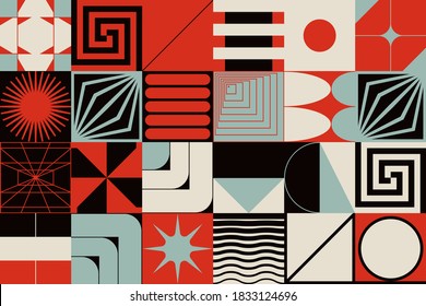 Swiss Design Style Abstract Poster Layout With Geometric Graphics And Bold Elements. Modern Geometry Composition Artwork With Simple Vector Shapes. Useful For Poster Design, Web Presentation, Etc.