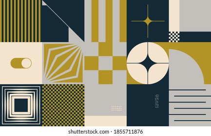 Swiss design style abstract poster layout with geometric graphics and bold elements. Modern geometry composition artwork with simple vector shapes. Useful for poster design, web presentation, etc.