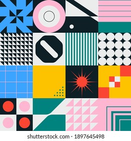 Swiss Design Style Abstract Poster Layout With Geometric Graphics And Bold Elements. Modern Geometry Composition Artwork With Simple Vector Shapes. Useful For Poster Design, Web Presentation, Etc.