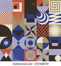 Swiss design style abstract poster layout with geometric graphics and bold elements. Modern geometry composition artwork with simple vector shapes. Useful for poster design, web presentation, etc.