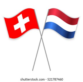 Swiss and Dutch crossed flags. Switzerland combined with Netherlands isolated on white. Language learning, international business or travel concept.