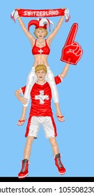Swiss Fans Supporting Switzerland Team with Scarf and Foam Finger. All the objects are in different layers and the text types do not need any font. 