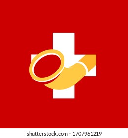 Swiss Flag with Alphorn, Vector national Symbol of Switzerland with traditional Alpine music instrument. Red Banner for Music festival or Shop.