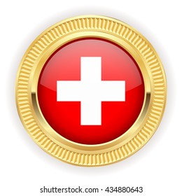 Swiss flag buttons with silver border on white background