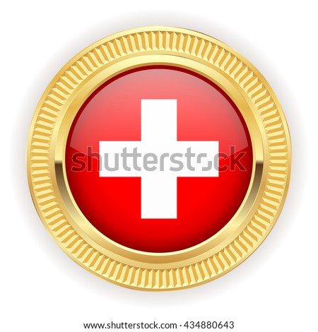 Swiss flag buttons with silver border on white background