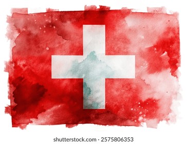 Swiss flag design, watercolor style, red and white colors, artistic representation, national symbol, vibrant background.