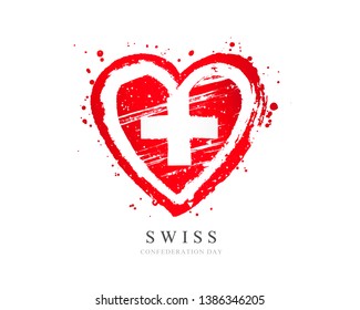 Swiss flag in the form of a big heart. Vector illustration on white background. Brush strokes drawn by hand. Swiss Independence Day. Confederation Day.