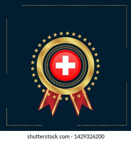 Swiss flag frame. Swiss flag gold emblem with ribbon