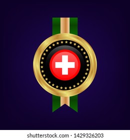 Swiss flag frame. Swiss flag gold emblem with ribbon