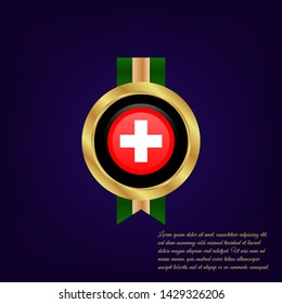 Swiss flag frame. Swiss flag gold emblem with ribbon