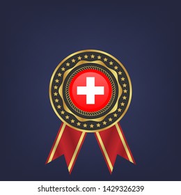 Swiss flag frame. Swiss flag gold emblem with ribbon