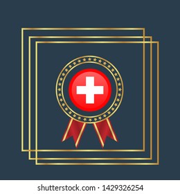 Swiss flag frame. Swiss flag gold emblem with ribbon