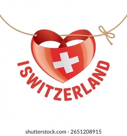 Swiss flag heart with cord string, text I Love Switzerland, vector illustration on white background.

