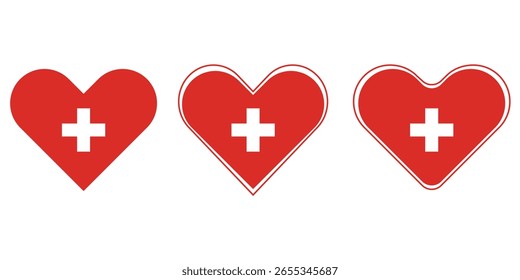 Schweizer Flagge Herz Symbol Vektor. Rotes Herz mit weißem Kreuz Schweiz Symbol Set