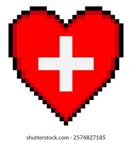 Swiss flag with heart shape in pixel art style