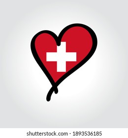 Swiss flag heart-shaped hand drawn logo. Vector illustration.