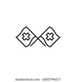 Swiss Flag Icon. Features a Swiss flag on a pole with a unique curled design, suggesting movement. Suitable for indicating a point of interest, a change in status. Vector illustration