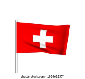 Swiss flag for independence day. Flagpoles and fabrics flutter in the 3D wavy wind