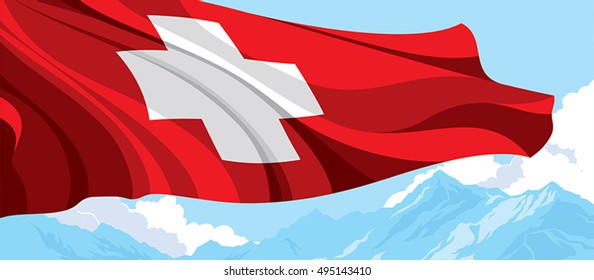 Swiss flag on the background of blue mountains