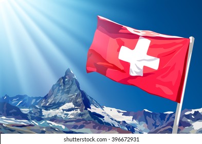Swiss flag on blue sky and mountains background with sunlight