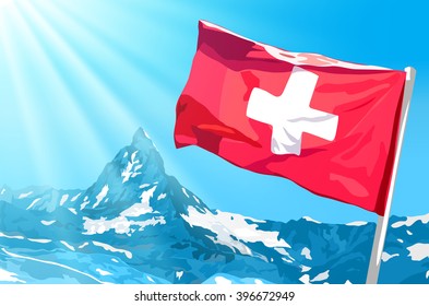 Swiss flag on blue sky and mountains background with sunlight