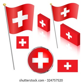 Swiss flag on a pole. Traditional square, and non-traditional rectangular badge and isometric designs vector illustration.
