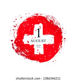 Swiss flag in the shape of a circle. August 1 - Independence Day of Switzerland. Vector illustration on white background. Brush strokes drawn by hand. Confederation Day.