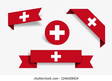 Swiss flag stickers and labels set. Vector illustration.