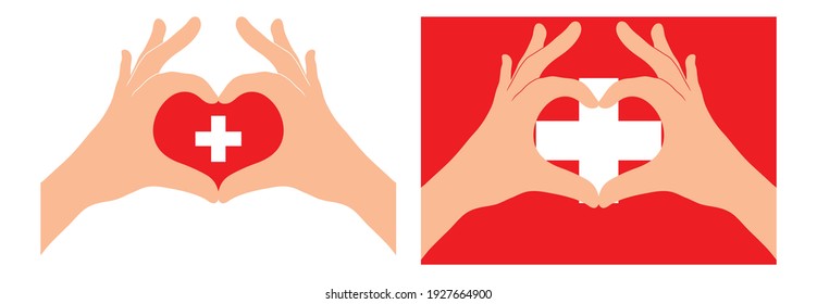 Swiss flag. Two hands in the form of a heart with flag of Swiss