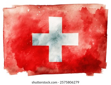 Swiss flag watercolor design, vibrant red background, artistic brush strokes, national symbol representation.