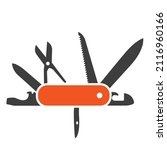 Swiss folding knife flat icon, army multitool jack-knife, clasp-knife, vector 