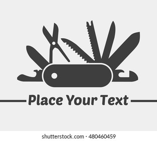 Swiss folding knife flat icon vector with place for your text; Swiss Folding army knife; Gray multi-tool instrument sign vector isolated; 