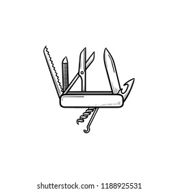 Swiss folding knife hand drawn outline doodle icon. Multipurpose and and army knife, penknife concept. Vector sketch illustration for print, web, mobile and infographics on white background.