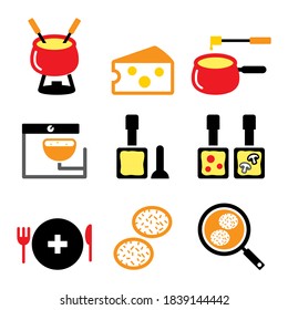 Swiss food and dishes vector icons set - fondue, raclette, rösti, cheese design, Switzerland's meals. Vector color icons set of traditional food in Switzerland isolated on white 