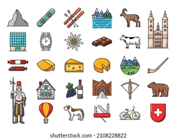 Swiss Food, History Landmark And People Line Icons Set With Matterhorn Peak, Snowboard And Ski, Swiss Guard, Cheese And Edelweiss, Chocolate, Tunnel And Alpine Horn, Wristwatch, Bear And Cathedral