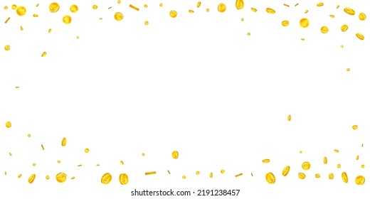 Swiss franc coins falling. Gold scattered CHF coins. Switzerland money. Jackpot wealth or success concept. Wide vector illustration.