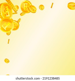 Swiss franc coins falling. Gold scattered CHF coins. Switzerland money. Great business success concept. Square vector illustration.