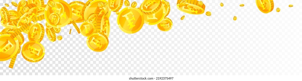 Swiss franc coins falling. Gold scattered CHF coins. Switzerland money. Global financial crisis concept. Panoramic vector illustration.