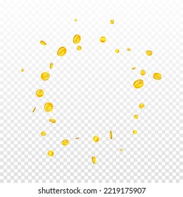 Swiss franc coins falling. Gold scattered CHF coins. Switzerland money. Jackpot wealth or success concept. Square vector illustration.
