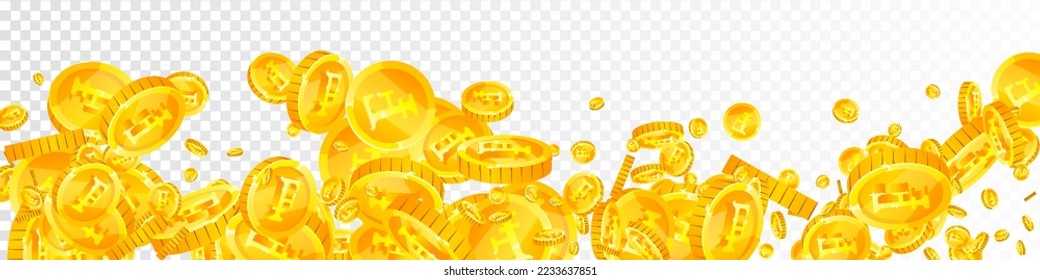 Swiss franc coins falling. Gold scattered CHF coins. Switzerland money. Global financial crisis concept. Panoramic vector illustration.