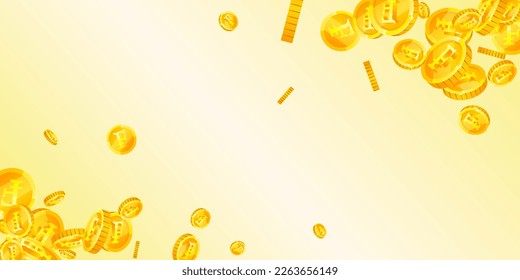 Swiss franc coins falling. Gold scattered CHF coins. Switzerland money. Great business success concept. Wide vector illustration.