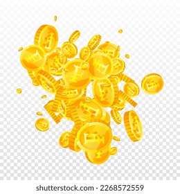 Swiss franc coins falling. Gold scattered CHF coins. Switzerland money. Great business success concept. Square vector illustration.