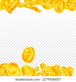 Swiss franc coins falling. Gold scattered CHF coins. Switzerland money. Jackpot wealth or success concept. Square vector illustration.