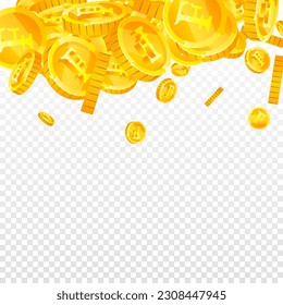 Swiss franc coins falling. Gold scattered CHF coins. Switzerland money. Great business success concept. Square vector illustration.