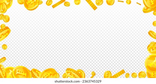 Swiss franc coins falling. Gold scattered CHF coins. Switzerland money. Global financial crisis concept. Wide vector illustration.
