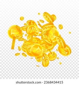 Swiss franc coins falling. Gold scattered CHF coins. Switzerland money. Great business success concept. Square vector illustration.