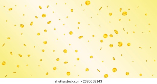 Swiss franc coins falling. Gold scattered CHF coins. Switzerland money. Jackpot wealth or success concept. Wide vector illustration.