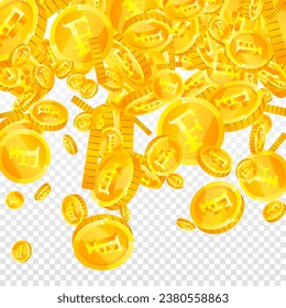 Swiss franc coins falling. Gold scattered CHF coins. Switzerland money. Great business success concept. Square vector illustration.