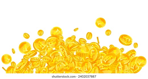 Swiss franc coins falling. Gold scattered CHF coins. Switzerland money. Great business success concept. Wide vector illustration.