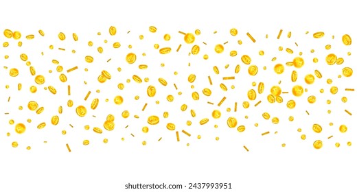 Swiss franc coins falling. Gold scattered CHF coins. Switzerland money. Jackpot wealth or success concept. Wide vector illustration.